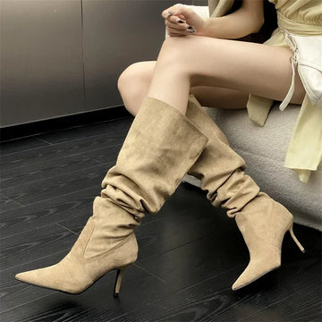 xajzpa Autumn Winter Sexy Thin Heels Knee-High Boots Women Pointed Toe Party Prom Ladies Shoes Elegant Long Botas De Mujer